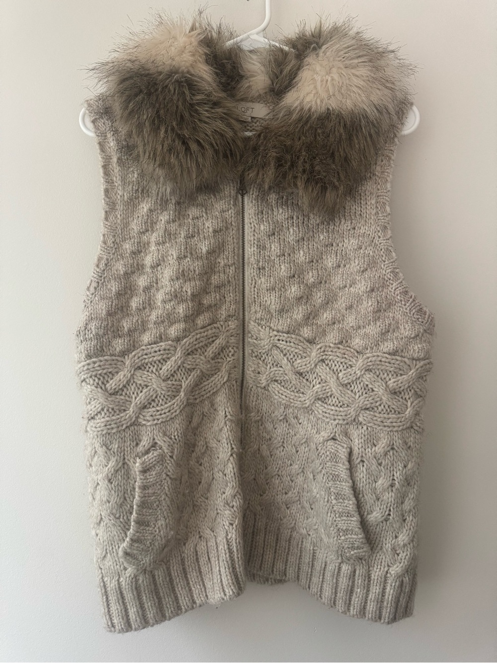 Ann Taylor LOFT Cream Cable Knit Wool Alpaca Fur Sweater Vest w/ Pockets Sz XL